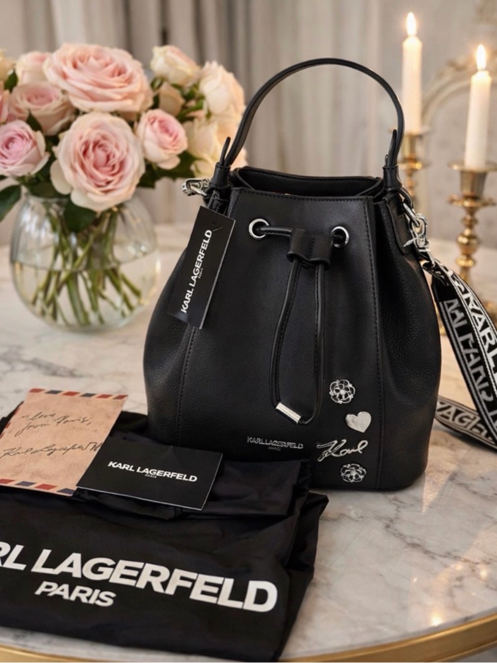 Karl Lagerfeld Black Leather Drawstring Hobo with Logo Strap